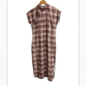 Old Shanghai Hong Kong Style Checker Patterned Cheongsam Dress Qipao sz M brown